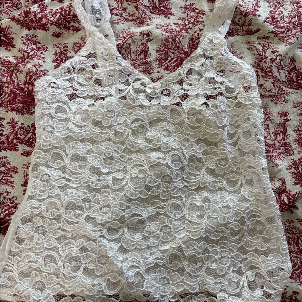 Y2K Vintage White Lace Tank Top Cami Top Fairy Slip with Lace Straps; unlined